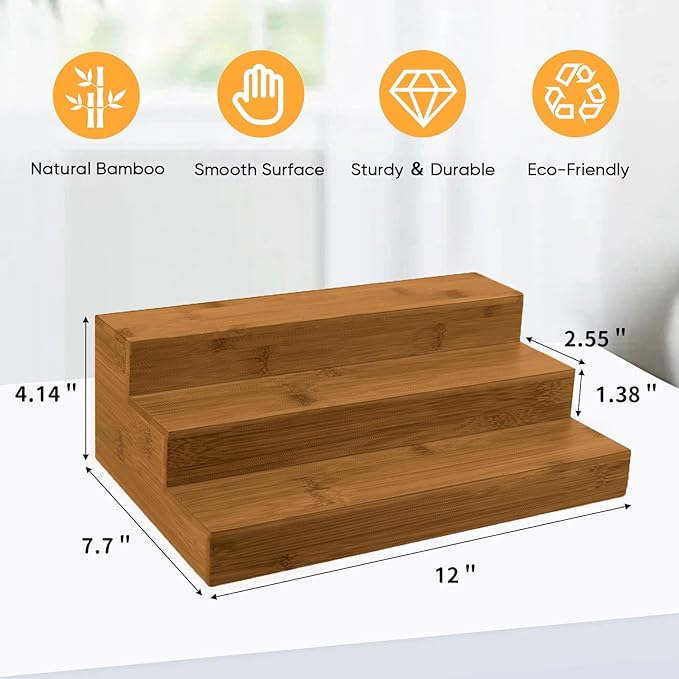 Bamboo Spice Rack Organizer for Cabinet 2 Pack - 3 Tier Countertop Step Shelf, Seasoning Storage Stand for Kitchen Pantry, Spice Holder for Jars Bottles Cans (Brown) - Image 3