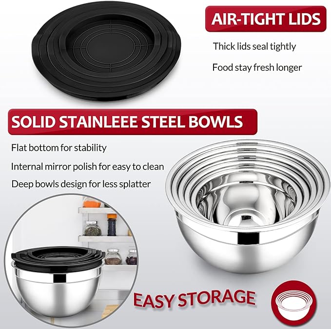 E-far Mixing Bowls with Lids Set of 5, Stainless Steel Black Mixing Bowls Metal Nesting Bowls with Airtight Lids for Cooking, Baking, Serving, Storage - Size 0.7/1/1.5/3/4.6QT - Dishwasher Safe - Image 3