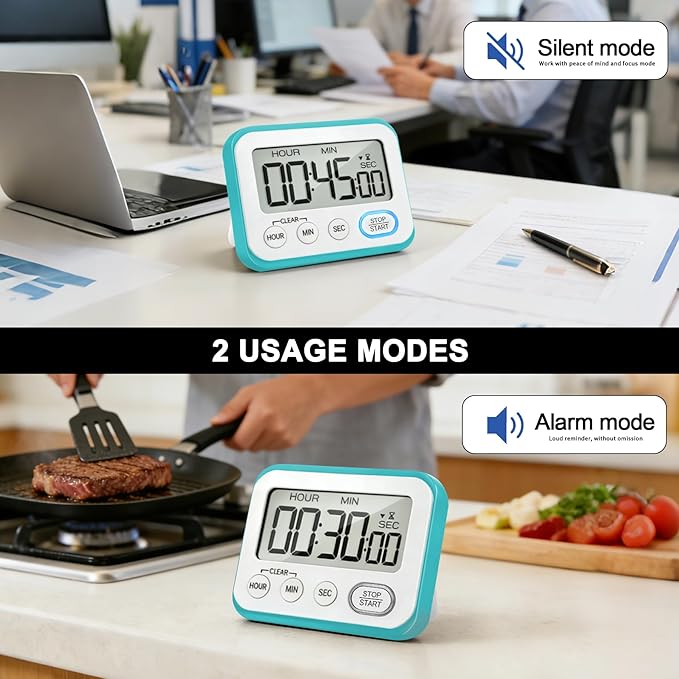 Digital Kitchen Timer Magnetic Loud Alarm, Large LCD Screen Silent/Beeping Multi-Function for Teachers Classroom Kids, Sky Blue - Image 5