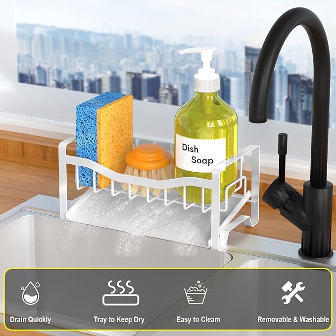Maifan Stainless Steel Kitchen Sink Caddy Organizer with Auto Drain Tray, Sponge Holder for Countertop Storage (White) - Image 3