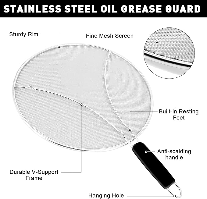11 Inch Grease Splatter Screen for Frying Pan, Stainless Steel Fine Mesh Oil Splash Guard to Prevent Burns & Keep Kitchen Clean - Image 3