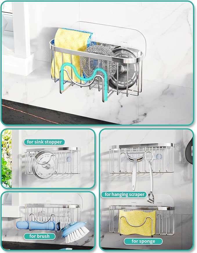 HapiRm Kitchen Sponge Holder for Sink - 2 Installation Methods Kitchen Sink Caddy Organizer with Unique M-Shaped, Rustproof Stainless Steel Sponge Caddy - Silver (Large) - Image 2