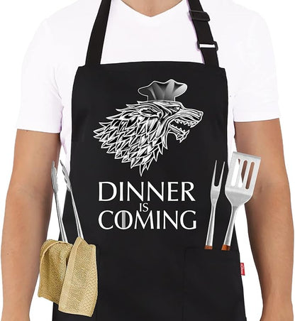 Grill Aprons for Men Women, Dinner is Coming Kitchen Chef Apron with 2 Pockets and 40" Long Ties, Adjustable Bib Apron for Cooking, BBQ, Baking, Gardening, Black