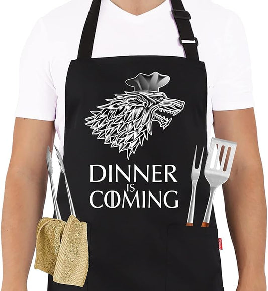 Grill Aprons for Men Women, Dinner is Coming Kitchen Chef Apron with 2 Pockets and 40" Long Ties, Adjustable Bib Apron for Cooking, BBQ, Baking, Gardening, Black