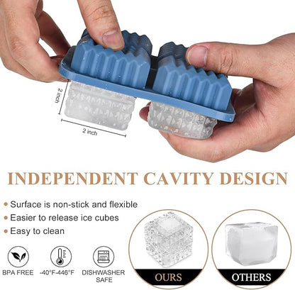 2 Pack Whiskey Ice Cubes Mold,Silicone Ice Cube Trays with Lid,2-Inch,Diamond Textured Large Square Ice Cube Mold,Bourbon Ice Cube Molds,Ice Trays-Ice Molds for Whiskey,Cocktails,Blue