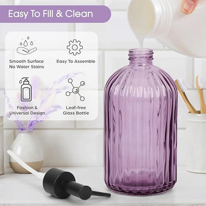 Topsky Stripe Glass Soap Dispenser with Black Plastic Pump, 400ml Liquid Hand Soap Dispenser, Rustproof Pump for Kitchen & Bathroom, Great for Lotions, Essential Oil, Liquid Soaps-Purple - Image 2