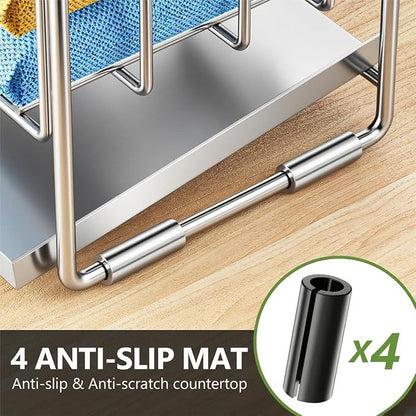 Cisily Silver 2-Tier Kitchen Sink Caddy Organzier Rack with Flexible Dish Brush Holder, Sponge Holder for Kitchen Sink Countertop Organization Storage,Home Decor Stainless Steel - Image 4