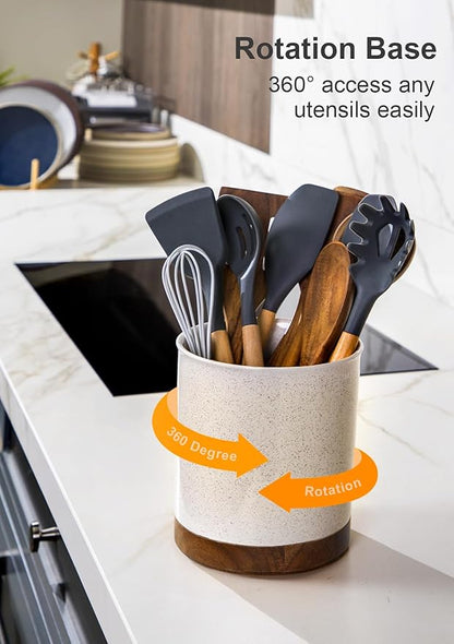 Nucookery 360°Rotating Utensil Holder, 7.2" Large Utensil Crock, White Ceramic Cooking Utensil Organizer,Farmhouse Kitchen Decor Christmas Thanksgiving Gift (Sand) - Image 3