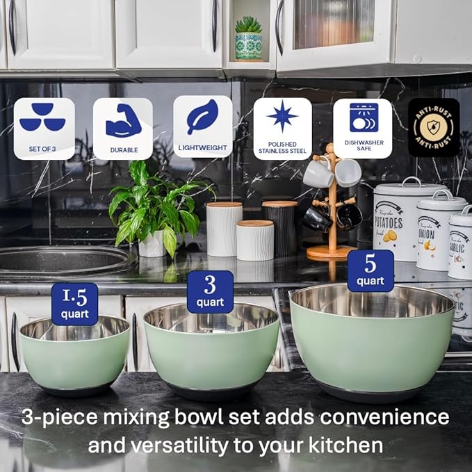 WHYSKO Stainless Steel Mixing Bowls Set of 3 with Non-Slip Silicone Base, Nesting Metal Bowls for Meal Prep, Baking, Cooking & Food Storage, Dishwasher Safe Kitchen Mixing Bowls, Green - Image 2