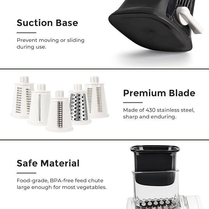 X Home 5-in-1 Rotary Cheese Grater for Kitchen, Upgraded Hand Crank Shredder with Stronger Suction Base & Multifunctional Drum Blades, for Cheese, Vegetables and Nuts, Easy to Use and Clean, Black - Image 5