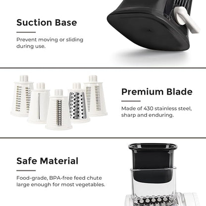 X Home 5-in-1 Rotary Cheese Grater for Kitchen, Upgraded Hand Crank Shredder with Stronger Suction Base & Multifunctional Drum Blades, for Cheese, Vegetables and Nuts, Easy to Use and Clean, Black - Image 5
