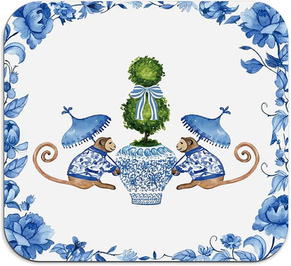 Chinoiserie Dish Drying Mat - Blue And White Porcelain Dish Drying Mat,Chinoiserie Monkey Drying Mat For Kitchen Counter,Coffee Bar Mat,Vintage Chinoiserie Drying Mat,16x17.5 Inch