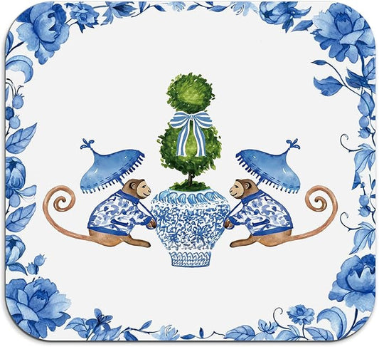 Chinoiserie Dish Drying Mat - Blue And White Porcelain Dish Drying Mat,Chinoiserie Monkey Drying Mat For Kitchen Counter,Coffee Bar Mat,Vintage Chinoiserie Drying Mat,16x17.5 Inch