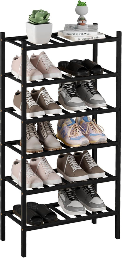 ROMGUAR CRAFT 6-Tier Bamboo Small Shoe Rack, Free Standing Wood Shoe Shelf Storage Organizer for Closet Entryway Stackable (Black) by ROMGUAR+CRAFT