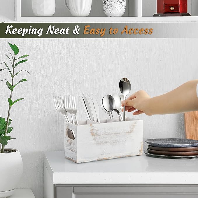 DRASTAR Wooden Silverware Caddy, Flatware Cutlery Holder, Silverware Organizer for Party, Kitchen Utensil Holder for Countertop, Retro White - Image 4
