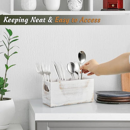 DRASTAR Wooden Silverware Caddy, Flatware Cutlery Holder, Silverware Organizer for Party, Kitchen Utensil Holder for Countertop, Retro White - Image 4