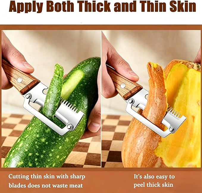 2PCS Multi-Functional Vegetable Peeler for Kitchen with Wooden Handle and Bottle Opener, 3 in 1 Stainless Steel Green Onion Slicer Kitchen Gadgets Tool for Fruit Veggie Potato Pumpkin Apple Carrot - Image 5