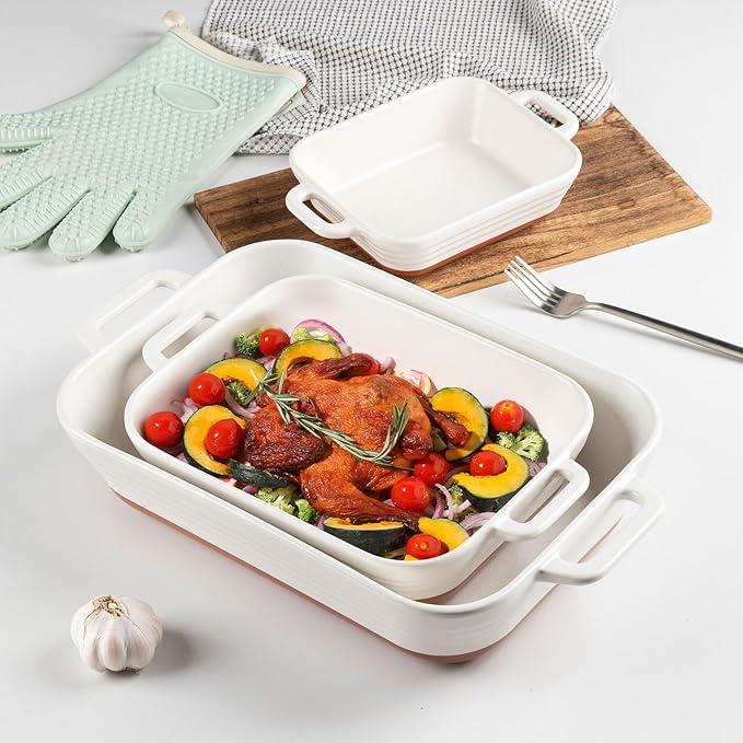 Sweejar Relief Casserole Dishes for Oven, Ceramic 9x13 Baking Pans Set for Cooking, Cake, Banquet and Daily Use, Rectangular Bakeware Set, Porcelain Baking Dish, Lasagna Pan Deep with Handles(Color Blocking) - Image 4