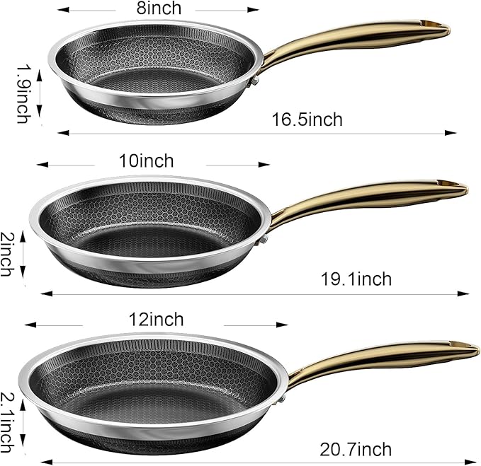 FogDream 8,10,12" Stainless Steel Frying Pan with Lid, Honeycomb Hybrid Nonstick Skillet for Induction & All Cooktops, PFAS/PFOA/PTFE Free, Oven Safe to 500°F, Stay-Cool Handle, Dishwasher Safe, Gold - Image 6