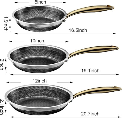 FogDream 8,10,12" Stainless Steel Frying Pan with Lid, Honeycomb Hybrid Nonstick Skillet for Induction & All Cooktops, PFAS/PFOA/PTFE Free, Oven Safe to 500°F, Stay-Cool Handle, Dishwasher Safe, Gold - Image 6
