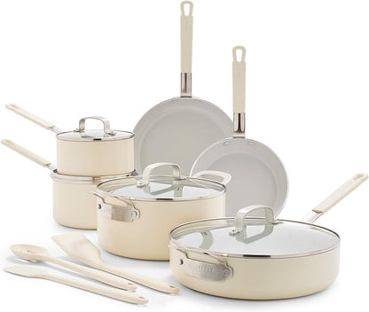GreenPan x Bobby Flay 13 Piece Nonstick Cookware Pots and Pans Set, PFAS-Free Diamond Ceramic, Induction Suitable, Easy Clean Dishwasher & Oven Safe, Stay-Cool Silicone Handles, Glass Lids, Cream by GreenPan