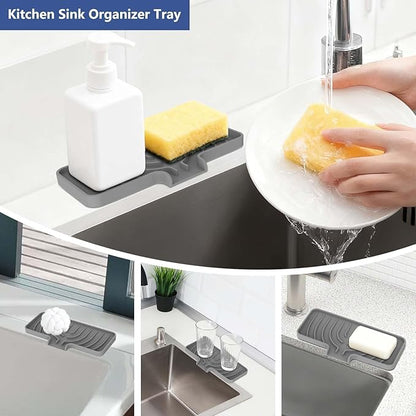 JACZZO Silicone Sponge Holder for Kitchen Sink With Drain Spout, Self Draining, Kitchen Soap Tray, Bathroom Organizer, Sink Caddy (Grey, 10×4)