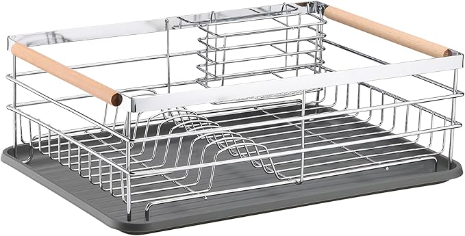Navaris Dish Rack - Compact Drying Kitchen Board with Drip Tray & Cutlery Holder - Easy to Assemble and Clean Dishes - Sink Drainer Rack - Silver with Wooden Handles - Image 7