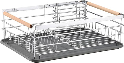 Navaris Dish Rack - Compact Drying Kitchen Board with Drip Tray & Cutlery Holder - Easy to Assemble and Clean Dishes - Sink Drainer Rack - Silver with Wooden Handles - Image 7