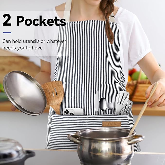 NLUS 2 Pack Cooking Aprons for Women with Pockets, Adjustable Kitchen Bib Aprons Chef Aprons for Women Men(Blue Pinstripes) - Image 6