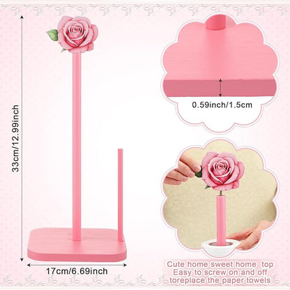Leinuosen Pink Rose Paper Towel Holder Coquettish Cute Rose Wooden Paper Towel Holder Pink Bathroom Countertop Accessories Kitchen Roll Stand Organizer Standing Apartment Decor Housewarming Gift