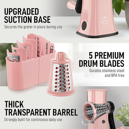 Zulay Kitchen Rotary Cheese Grater 5 Blade Cheese Shredder - Manual Hand Crank Cheese Grater With Reinforced Suction & 5 Interchangeable Drums - Easy to Use, Vegetable Chopper Round Mandoline Slicer - Image 7