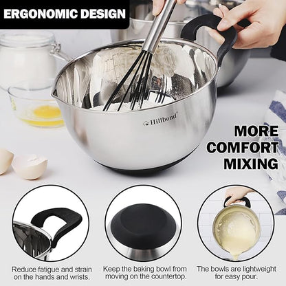 Hillbond Stainless Steel Bowls with Lids Set Mixing Bowls with Pour Spout, Silicone Handle and Non-Slip Bottoms for Baking, Metal Bowls Mixing Dishwasher Safe, Set of 3, Mother’s Day Gift (Black)
