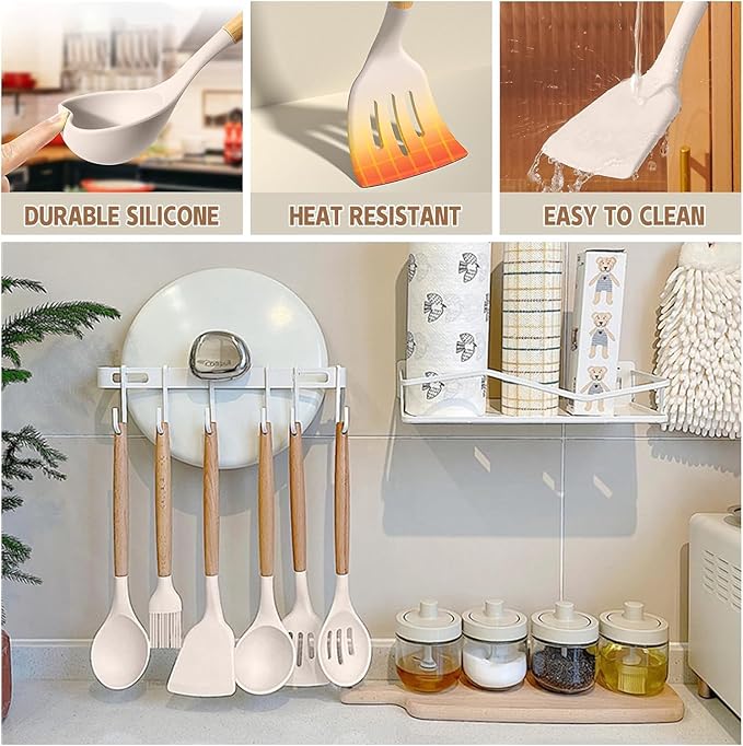 Umite Chef Kitchen Cooking Utensils Set, 33 pcs Non-Stick Silicone Cooking Kitchen Utensils Spatula Set with Holder, Wooden Handle Silicone Kitchen Gadgets Utensil Set (Khaki) - Image 5