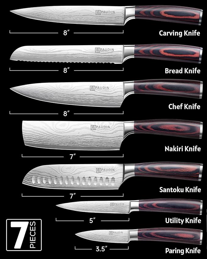 PAUDIN Chef Knife Set, 7 Pieces Kitchen Knife Set, High Carbon Stainless Steel, Ultra Sharp Knife Set, Professional Knives Set for Kitchen with Pakkawood Handle - Image 2