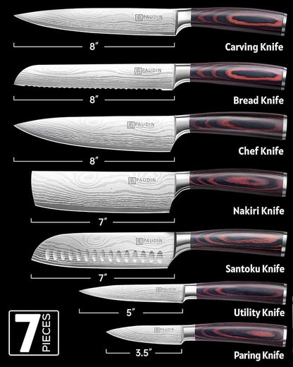 PAUDIN Chef Knife Set, 7 Pieces Kitchen Knife Set, High Carbon Stainless Steel, Ultra Sharp Knife Set, Professional Knives Set for Kitchen with Pakkawood Handle - Image 2