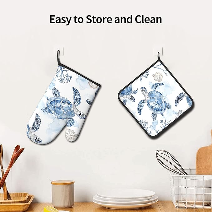 Navy Blue Ocean Sea Turtle Oven Mitts and Pot Holders Sets of 2 Summer Gift for Cooking Enthusiasts Coastal Beach Nautical Coral Kitchen Gloves for Baking BBQ Cooking Grilling Decor - Image 6
