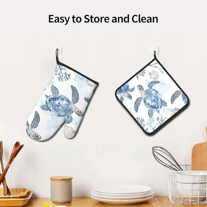 Navy Blue Ocean Sea Turtle Oven Mitts and Pot Holders Sets of 2 Summer Gift for Cooking Enthusiasts Coastal Beach Nautical Coral Kitchen Gloves for Baking BBQ Cooking Grilling Decor - Image 6