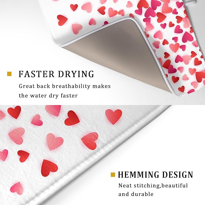 Valentine's Day Dish Drying Mat for Kitchen Counter Hearts Holiday Microfiber Absorbent Dish Draining Reusable Washable Foldable Extra Large 18"x24" - Image 3