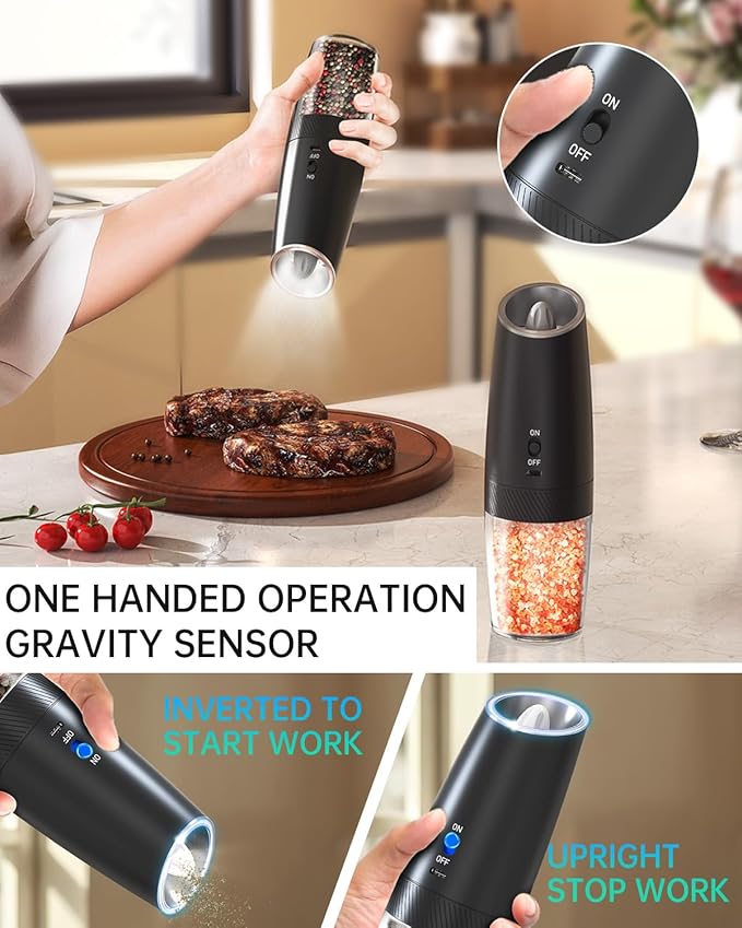 CIRCLE JOY Rechargeable Electric Salt and Pepper Grinder Set Gravity Salt and Pepper Mills Set with LED Light, No Battery Needed, Adjustable Coarseness, Washable 135ml Container, Black - Image 5