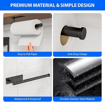Paper Towel Holder Under Cabinet, Self-Adhesive,No Drilling, Stainless Steel, Wall-Mounted for Kitchen and Bathroom, Easy Install, Durable, Space-Saving, Ideal for Home, RV (Black, 1 Pack) - Image 3