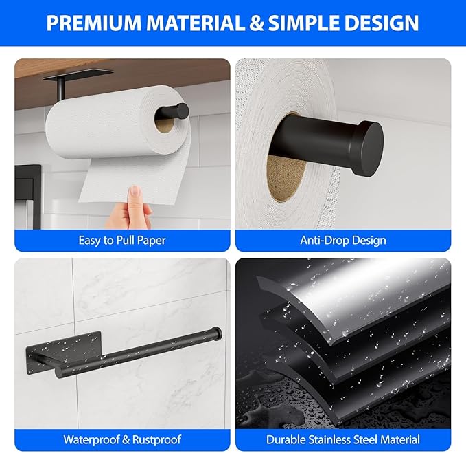 Paper Towel Holder Under Cabinet, Self-Adhesive,No Drilling, Stainless Steel, Wall-Mounted for Kitchen and Bathroom, Easy Install, Durable, Space-Saving, Ideal for Home, RV (Black, 2 Pack) - Image 3