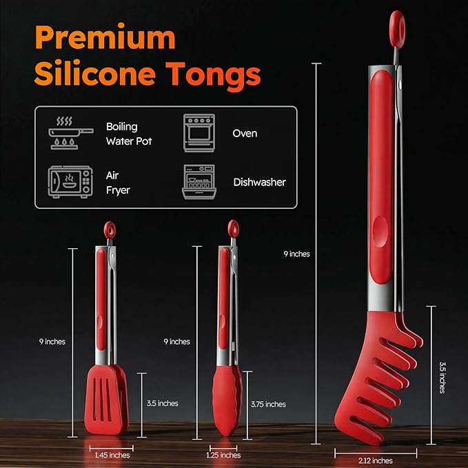 HST 3 Pack Kitchen Tongs, Non Stick Stainless Steel 9 Inch Tongs With Silicone Tip for Cooking BBQ Baking(Red) - Image 4