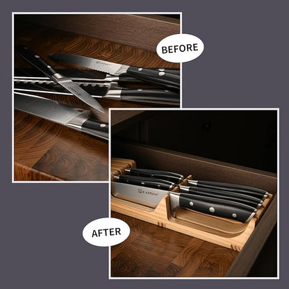 In-Drawer Knife Block with 5 Pieces Knives, Bamboo Knife Drawer Organizer for Kitchen, Perfect for Home and Chefs, Premium Knife Holder, Slots for 5 Knives Kitchen Drawer, Counter Top - Chef Gift Idea - Image 5