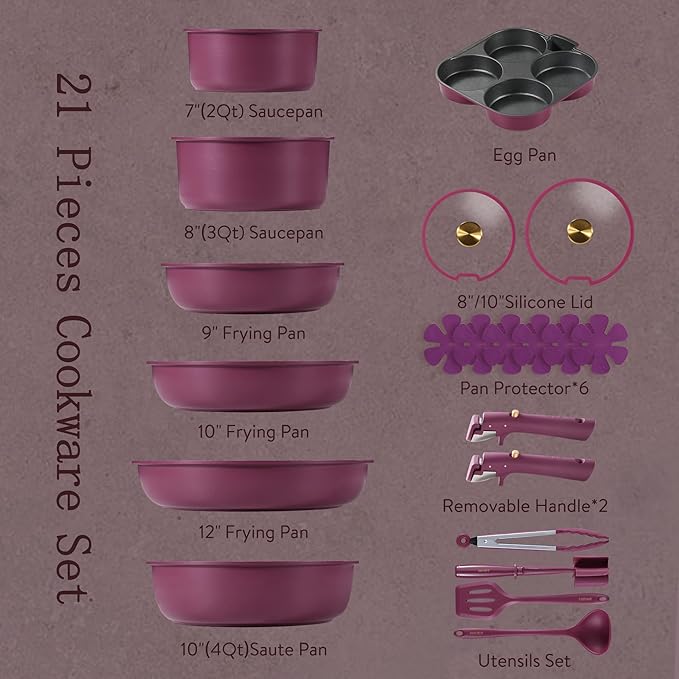 CAROTE 21pcs Pots and Pans Set, Nonstick Cookware Set Detachable Handle, Induction Kitchen Cookware Sets Non Stick with Removable Handle, RV Cookware Set, Gold and Purple - Image 2