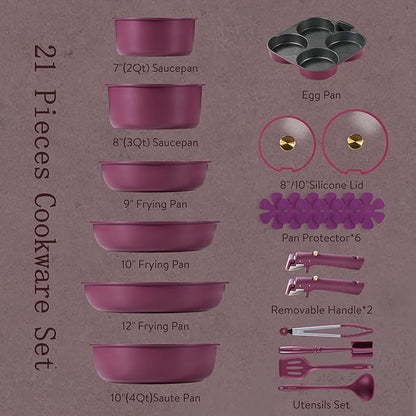 CAROTE 21pcs Pots and Pans Set, Nonstick Cookware Set Detachable Handle, Induction Kitchen Cookware Sets Non Stick with Removable Handle, RV Cookware Set, Gold and Purple - Image 2