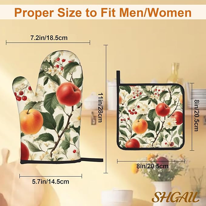 Apple Flower Oven Mitts & Potholder Set of 4 - Heat Resistant Kitchen Gloves Hot Pads for Baking, Cooking, Gifts for Women