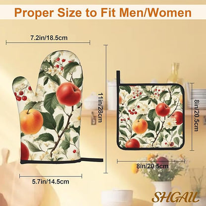Apple Flower Oven Mitts & Potholder Set of 4 - Heat Resistant Kitchen Gloves Hot Pads for Baking, Cooking, Gifts for Women