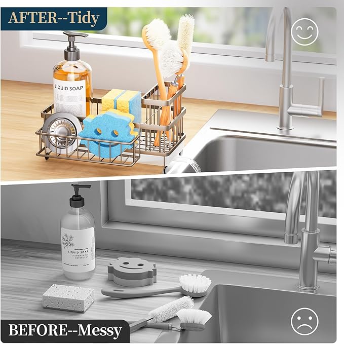 Consumest Sponge Holder for Kitchen Sink - Auto Draining Sink Caddy Organizer with Detachable Rack, High Brush Holder, Kitchen Countertop Storage Accessories, Sand Nickel - Image 7