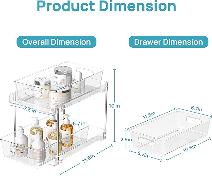 Vtopmart 6 Pack Bathroom Organizer, 2 Tier Clear Under Sink Organizers Vanity Countertop Storage Container,Cabinet Drawers Bins, Pull-Out Organization with Track for Pantry, Kitchen - Image 2