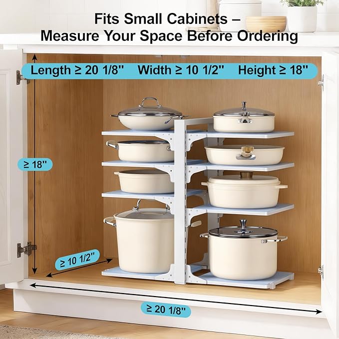 LAMU Pots and Pans Organizer under Cabinet, 8 Tier Heavy Duty Pan Organizers inside Cabinet, Adjustable Pot Rack for Small Kitchen Storage, 15" Height Holds Cast Iron Pans and Skillets White - Image 3